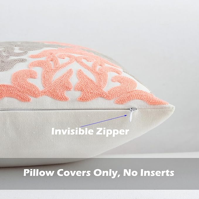 HWY 50 Coral Pink Decorative Throw Pillow Covers 18x18 Inch (1 Piece), Embroidered Cotton Farmhouse Cushion Cover Pillow Case for Sofa Couch Living Room Bed Bedroon, Floral Geometric-Ruum Studio Home