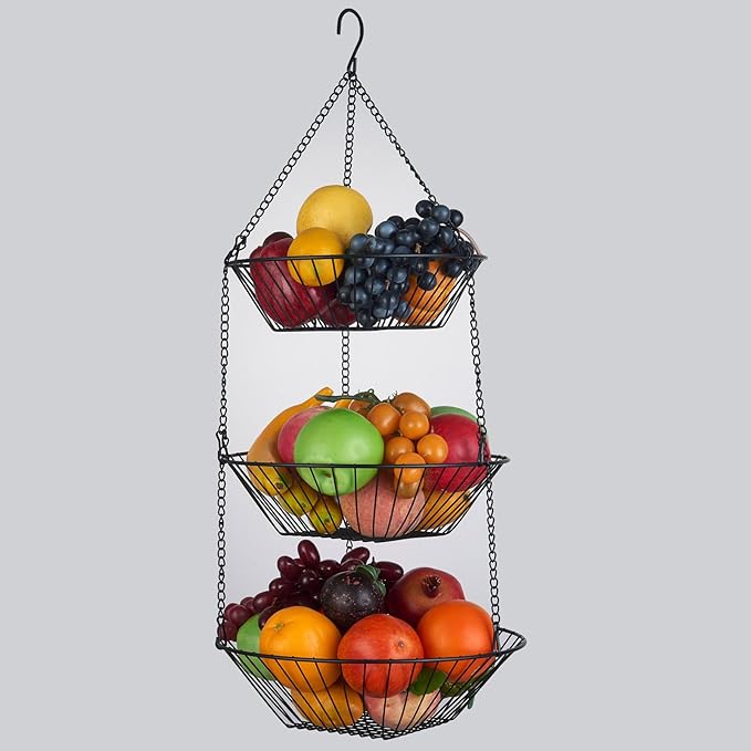 3-Tier Wire Fruit Hanging Basket 2 Packs,non-Punching Wall Hanging Storage,Kitchen Bathroom Organization Basket,Suitable for Bathroom,Kitchen,Closet,Garden,Black-Ruum Studio Home