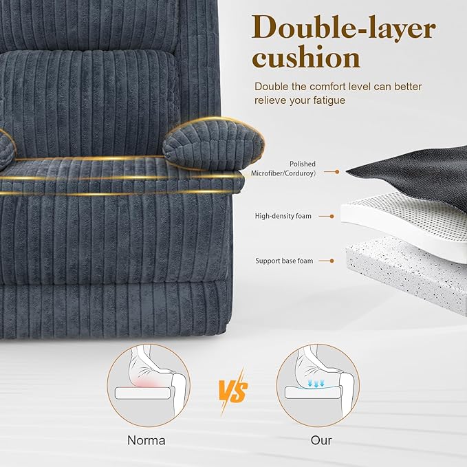 Recliner Chair for Adults, Oversized Manual Pull Tab Reclining Chair, 2-Tier Cushions, Minimalist Style Single Sofa for Living Room, RV (Corduroy)-Ruum Studio Home