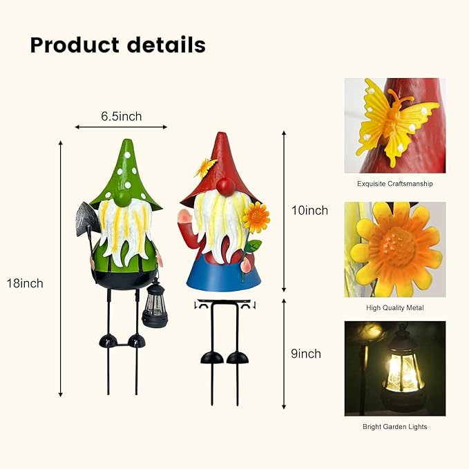 HONGLAND Solar Metal Gnome Yard Art -18 Inch Garden Gnomes Statues Outdoor Decor with Solar Lantern Lights -3D Outdoor Figurines for Patio Yard Lawn Porch Ornament Gardening Gifts-Ruum Studio Home
