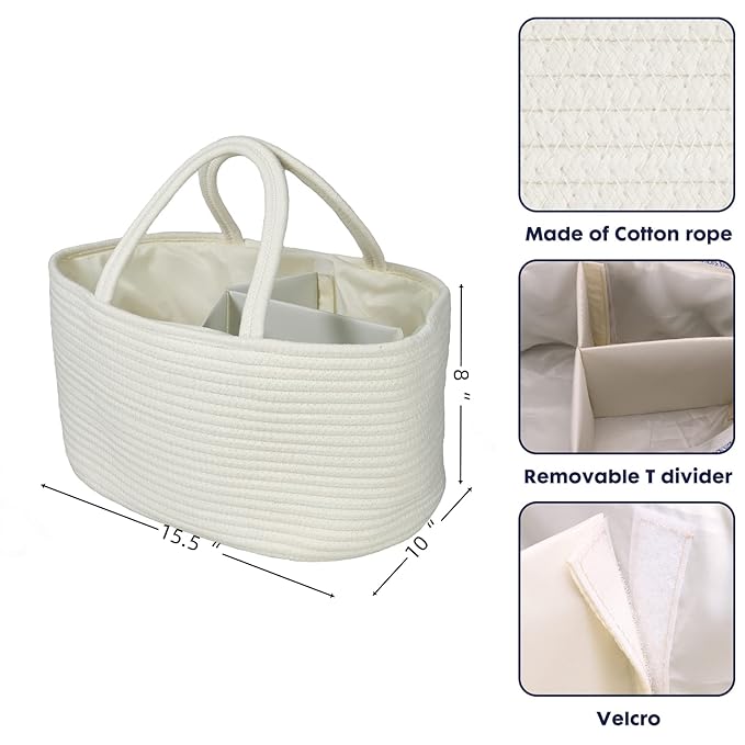 Large Baby Diaper Caddy Organizer for Girl Boy Rope Nursery Storage Bin Basket Portable Holder Tote Bag for Changing Table Car Travel Baby Shower Gifts Newborn Essentials Registry Must Haves White-Ruum Studio Home