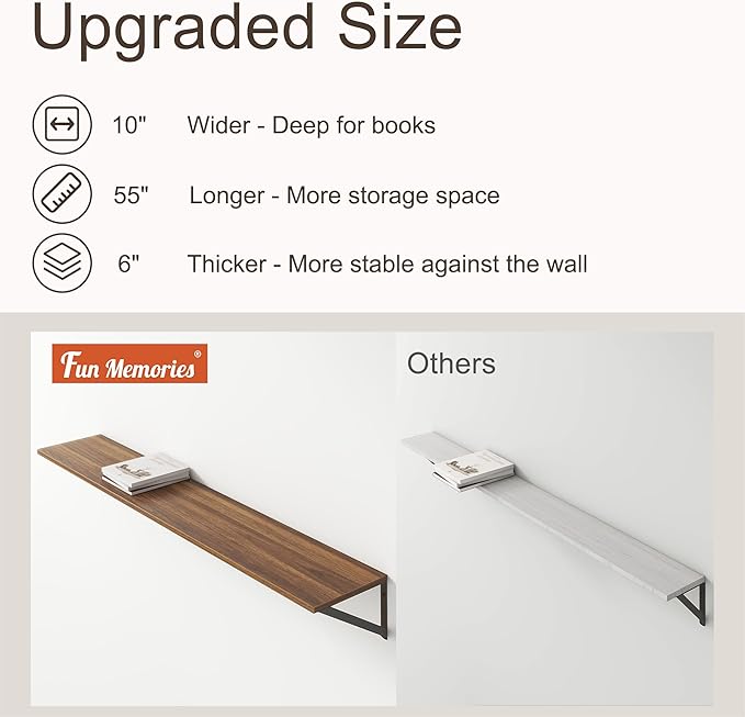 Floating Shelves 55 Inch Long, 10" Deep Floating Shelves, Walnut Wall Shelves 55 x 10, Set of 2, Wide Large Display Storage Shelves for Bathroom, Living Room, Rustic Wood Shelves with Brackets-Ruum Studio Home