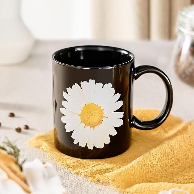 12Oz Daisy Black Ceramic Mug, Mug for Daily Coffee and Tea, Lead-free, Microwave and Dishwasher Safe Coffee Mug, Perfect gifts for women and men-Ruum Studio Home