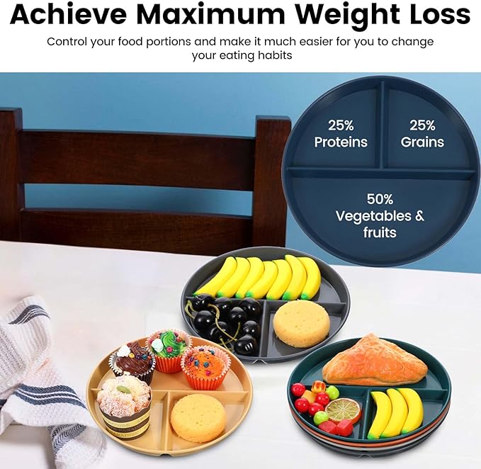 10 Pcs Unbreakable Divided Plates for Kids Adults, 9 Inch Round Portion Control Plate, 3 Compartment Plates with Dividers, Lightweight Reusable Dinnerware Portion Control Plastic, Dishwasher Safe-Ruum Studio Home