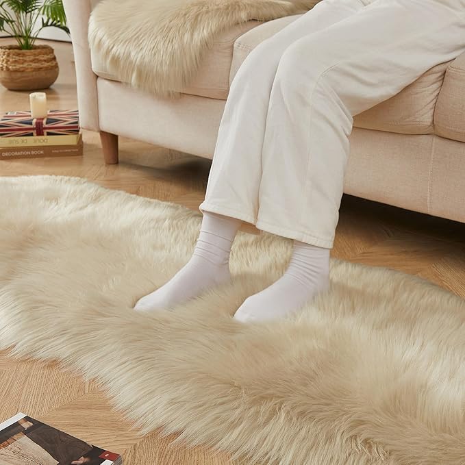 AMTOVO Faux Sheepskin Rug, Beige Ultra Soft Fluffy Shag Area Rug, 2 x 6 ft Faux Fur Rug for Bedroom Sofa Throw Cushion Room Decor, Sheepskin-Ruum Studio Home