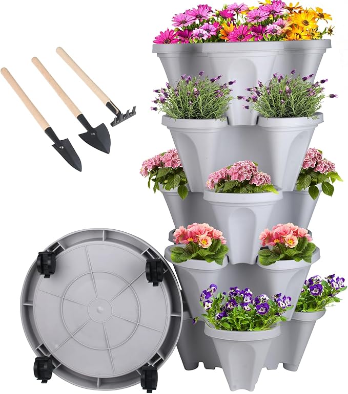 Vertical Planter 5 Tier Stackable Planters Garden Planters Strawberry Herb Flower and Vegetable Planter Indoor Outdoor Gardening Pots with Removable Wheels and Tools-Ruum Studio Home