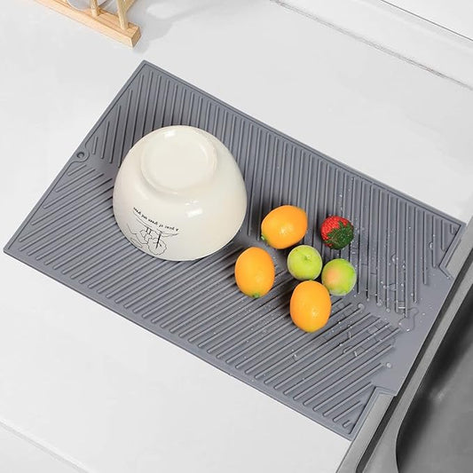 Silicone Dish Drying Mat for Kitchen Counter, 15''x 10'' Drying Mat with Drain Lip, Non-Slip Dish Drainer Mats with Built-in Drain, Heat Resistant Drain Pad on Countertop, Gray-Ruum Studio Home