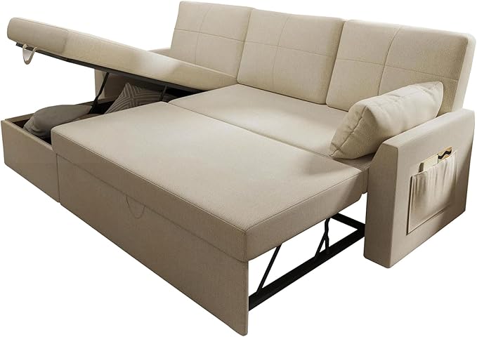 VanAcc Sleeper Sofa, Sofa Bed- 2 in 1 Pull Out Couch Bed with Storage Chaise for Living Room, Comfy Sleeper Couch, Beige Chenille-Ruum Studio Home