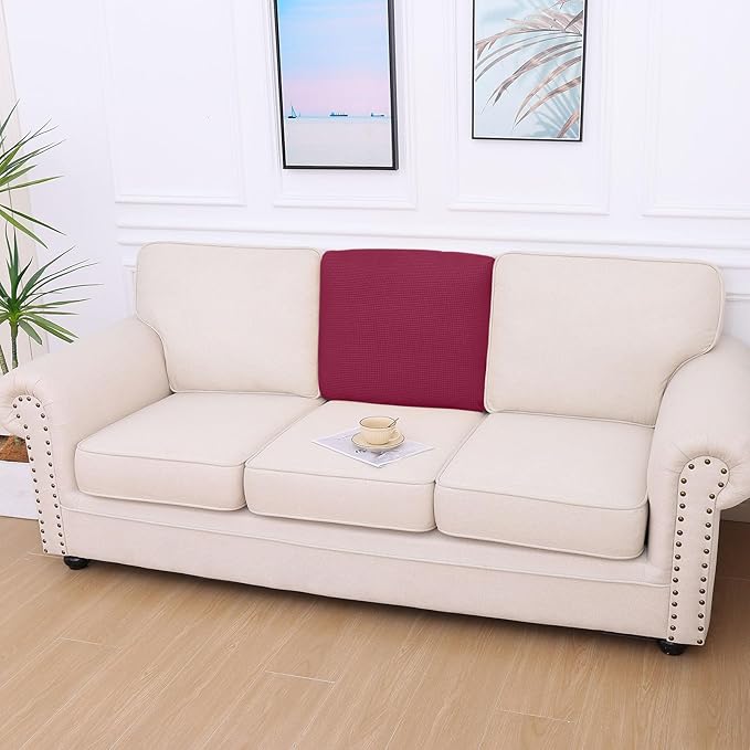 hyha Waterproof Couch Cushion Covers for Pets, Non Slip Sofa Seat Cover for Dogs Washable, Soft Thick Stretch Jacquard Fabric, Sofa Slipcovers with Elastic Bottom (1 Piece for Backrest M, Wine Red)-Ruum Studio Home