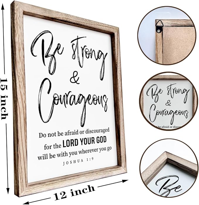Inspirational Wood Signs, Christian Wooden Wall Plaque, Religious Home Decor, Bible Verse Decor Art, Framed Wall Plaque Sign 15 * 11.5 inches, Be Strong and Courageous Sign-Ruum Studio Home
