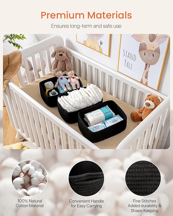 KALLAX Small Woven Basket, 13.5 x 9.5 x 5 Inches, Storage Basket for Organizing, Cute Small Rope Shelf Closet Cube Storage Bins Baskets for Shelves, Dog Toy Gift Baskets Empty, 3 Packs, Black-Ruum Studio Home