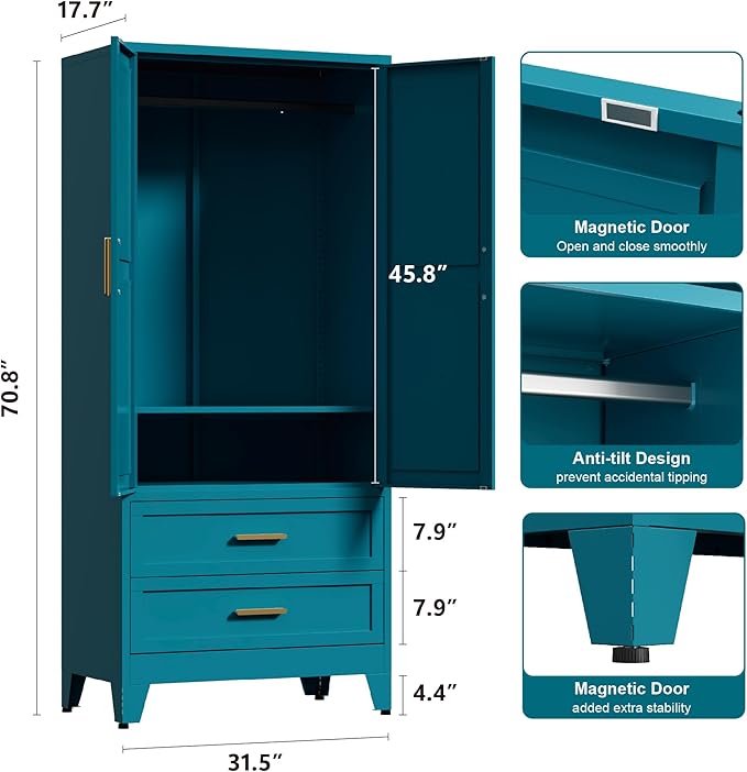 71'' Farmhouse Metal Wardrobe Cabinet with Hanging Rod, 2 Barn Door Wardrobe Closet with Adjustable Shelves,2 Drawer,for Dining Room,Bedroom,Living Room, Cloak Room,Office (Peacock Blue)-Ruum Studio Home