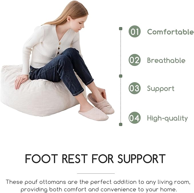 HIGOGOGO Square Stuffed Pouf Ottoman, Corduroy Poufs with Foam Chunk Filling, Furry and Fluffy Pouf Foot Stool Storage Ottoman, 25.6 X 25.6 Floor Poufs Foot Rest for Living Room, Beige-Ruum Studio Home