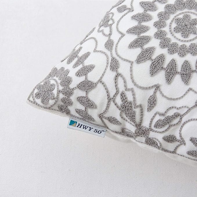 HWY 50 Gray Grey Decorative Throw Pillow Covers 18x18 Inch, Pack of 2 Embroidered Cotton Farmhouse Cushion Cover Pillow Case for Sofa Couch Living Room Bed Bedroon, Little Sunflower Design-Ruum Studio Home