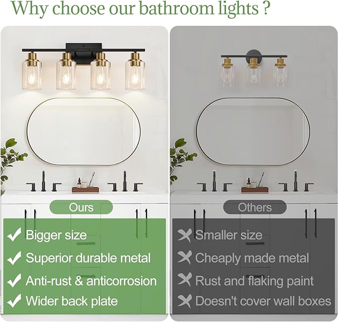 4-Light Bathroom Light Fixtures, Black and Gold Modern Vanity Lights with Clear Glass Shades, Bathroom Wall Lamp for Mirror Living Room Cabinet Bedroom Porch-Ruum Studio Home