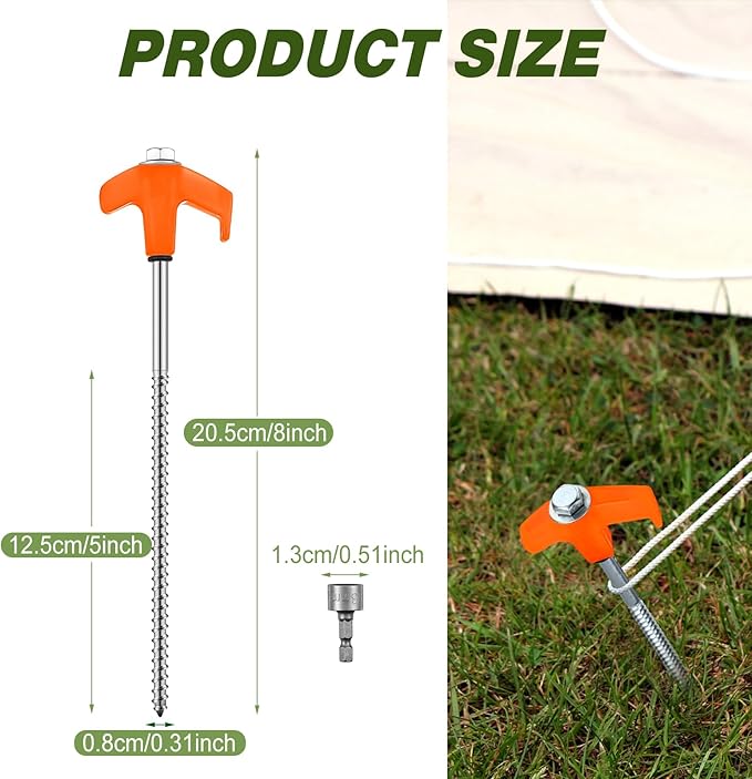 Hicarer 10 Pcs 20 Pcs 8'' Screw in Tent Stakes Heavy Duty Ground Metal Stakes for Inflatables with Hex Head Driver for Outdoor Camping Tent Inflatable Garden Decor (Orange)-Ruum Studio Home