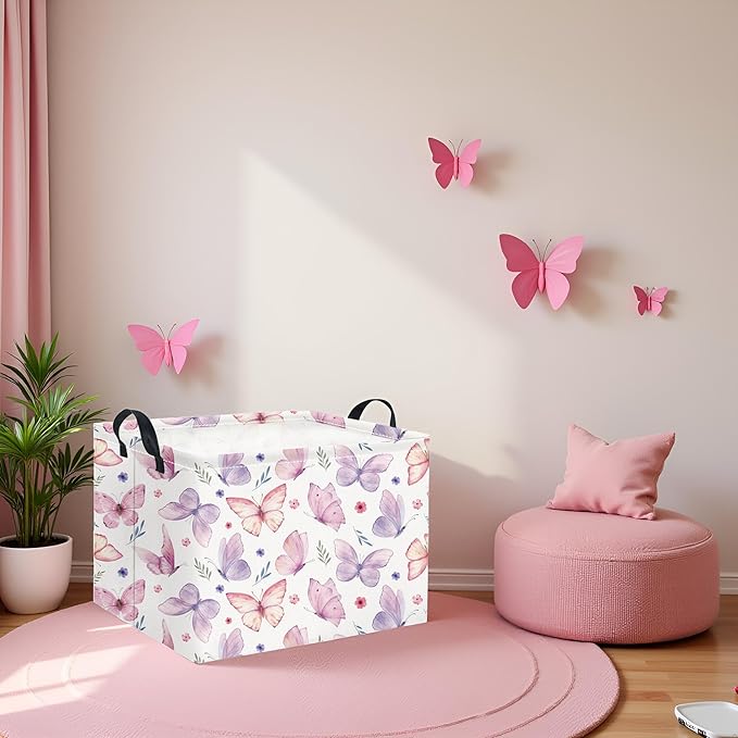 HIYAGON Rectangular Pink Basket for Girls Kids Baby Storage Basket Toy Storage Bin Organizer Box Room Decor(Watercolor Butterfly)-Ruum Studio Home