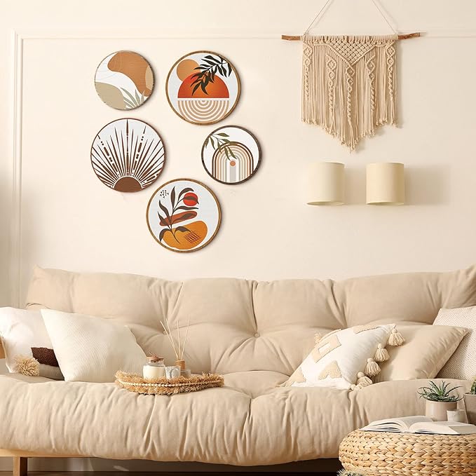 Qunclay 5 Pcs Wall Art Decor Wooden Living Room Wall Decor Bohemian Hanging Farmhouse Geometric 10'' and 8'' Aesthetic Wood Minimalist Posters for Bedroom(Boho)-Ruum Studio Home