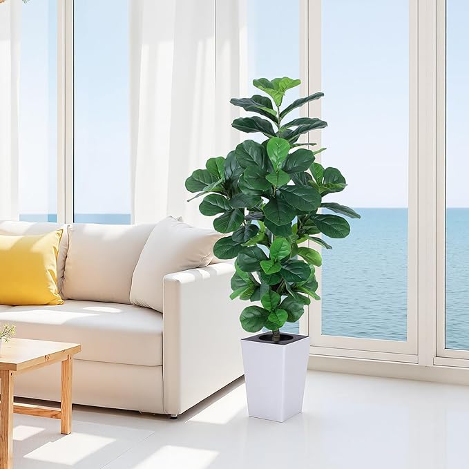 Fiddle Leaf Fig Tree, 5ft Tall Fake Silk Tree in White Planter, Faux Floor Plants with 108 Fiddle Leaves, Artificial Plants for Home Office Decor Indoor-Ruum Studio Home
