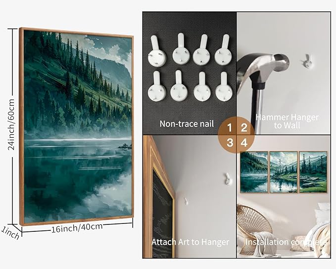 Tinonedraw Large Nature Forest Framed Canvas Wall Art Set, Boho Mountains Calming Lake Wall Decor, Green Pine Trees Artwork, Northern Wilderness Art Painting for Living Room Bedroom Office 16"x24"x3-Ruum Studio Home