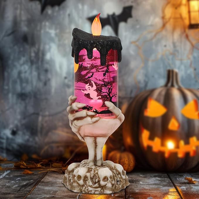 Eldnacele Halloween Snow Globe Candles Lighted Lamp USB Powered Battery Operated Spooky Spinning Water Glittering Tornado Flameless Candles Skeleton Hand Holder Halloween Centerpiece Decor(Ghost)-Ruum Studio Home