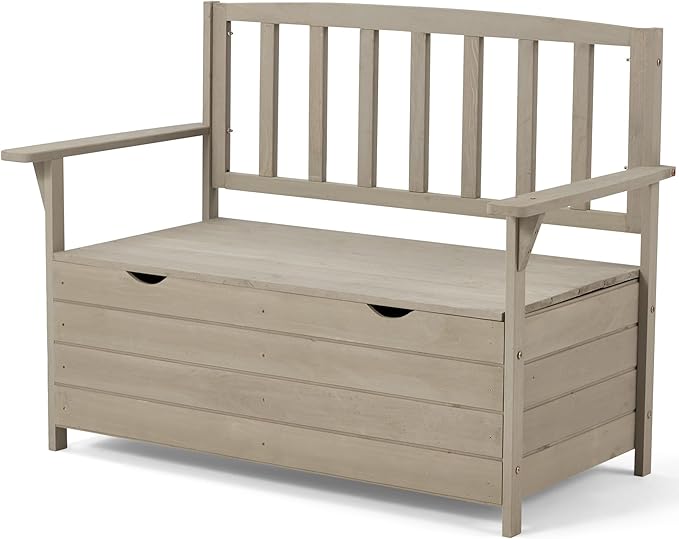 AVAWING Outdoor Storage Bench, Wooden Garden Bench Weatherproof, Patio Benches for Outside, 2-Seat Front Porch Bench, Park Bench for Deck, Lawn, Backyard (Light Gray)-Ruum Studio Home
