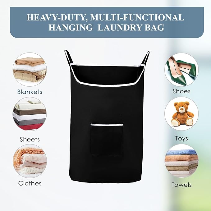 The Fine Living Co. X-Large Hanging Laundry Hamper with Over Door Hooks & Adhesive,Durable Space Saving Laundry Bag with Zipper and Wide Open Top,Hanging Dorm Laundry Hamper 20"x3.75"x31" (Black-XL)-Ruum Studio Home