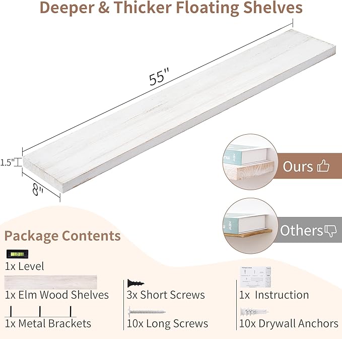 Floating Shelves for Wall, Rustic Elm Wood 56'' W x 8" D Wall Shelf with Invisible Bracket, Large Long Wall Mounted Storage Shelves for Living Room, Bedroom, Kitchen, Bathroom Decor, White Wash-Ruum Studio Home