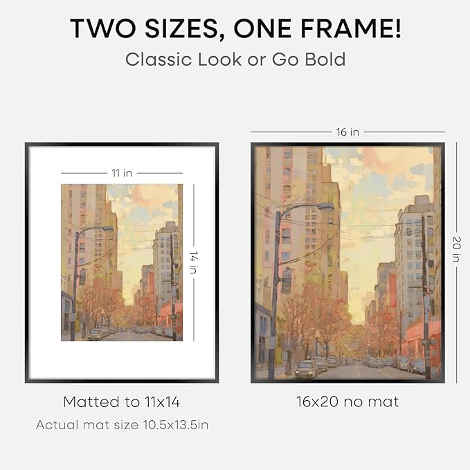 Homeforia 16 x 20 Picture Frame Black, High End Metal 11x14 Matted for 16x20 Frame, 16 x 20 Black Poster Frame with Mat 11 x 14 inch Photo, 20x16 Thin Hanging Frame, Tempered Glass, Wall Kit, Set of 1-Ruum Studio Home