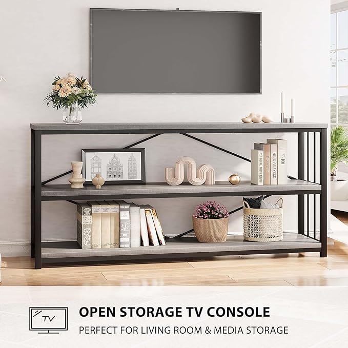LVB Extra Long 3-Tier Sofa Table, Industrial Console Table with Storage Shelf, Modern Rustic Wood Metal Narrow Entryway Table, Skinny Behind Couch Table for Foyer Living Room Bedroom, Light Grey, 70In-Ruum Studio Home