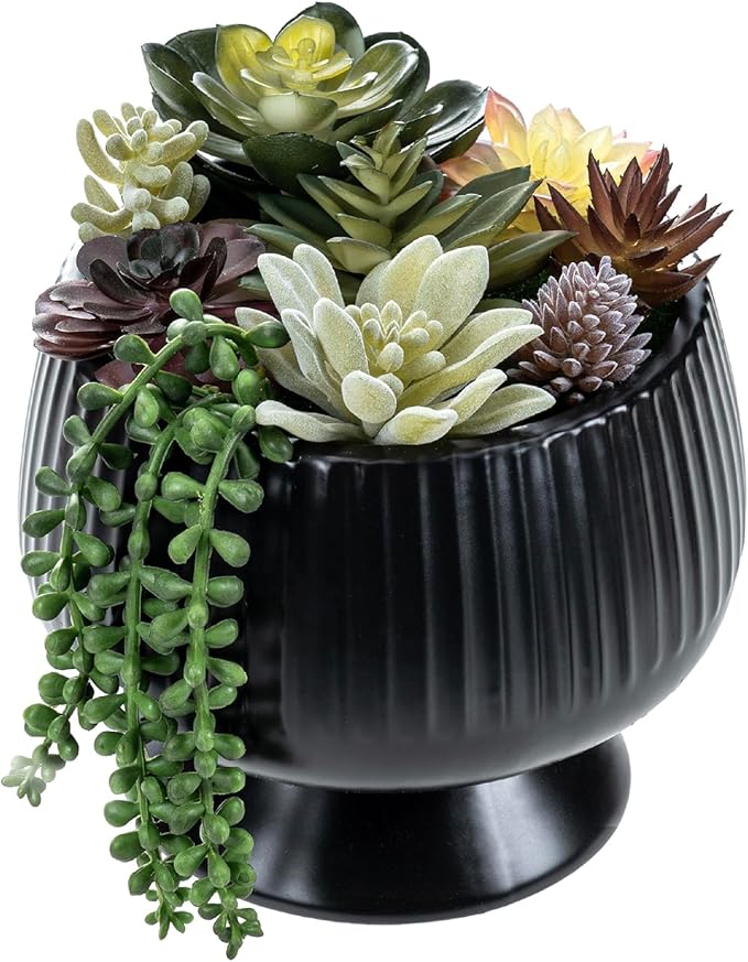 MyGift 8 Inch Modern Green Artificial Succulent Arrangement Potted in Matte Black Fluted Ceramic Round Planter, Decorative Plant Pot with Assorted Faux Mini Succulents-Ruum Studio Home