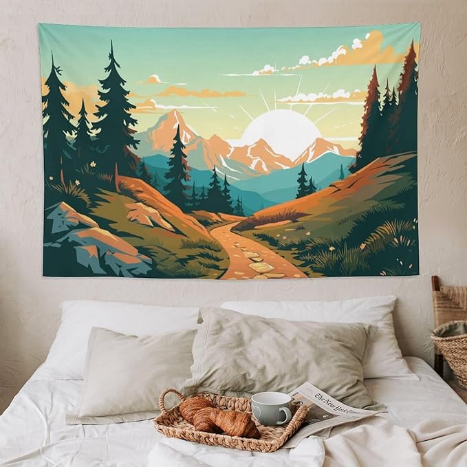 HZOHNAGO Mountain Tapestry Forest Mountain Sunrise Road Pattern Printed Wall Tapestry Wall Hanging for Bedroom Living Room Dorm 90" W x 60" H-Ruum Studio Home