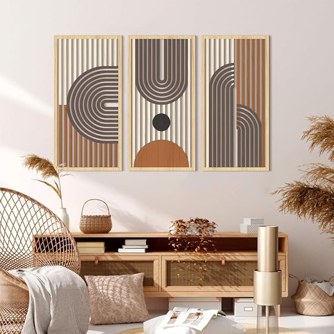 IARTTOP Mid century Modern Decor 16x32 Inch Large Boho Wood Wall Art Abstract Wooden Wall Decor Minimalist Bohemian Orange Artwork for Living Room Bedroom Office Set of 3-Ruum Studio Home