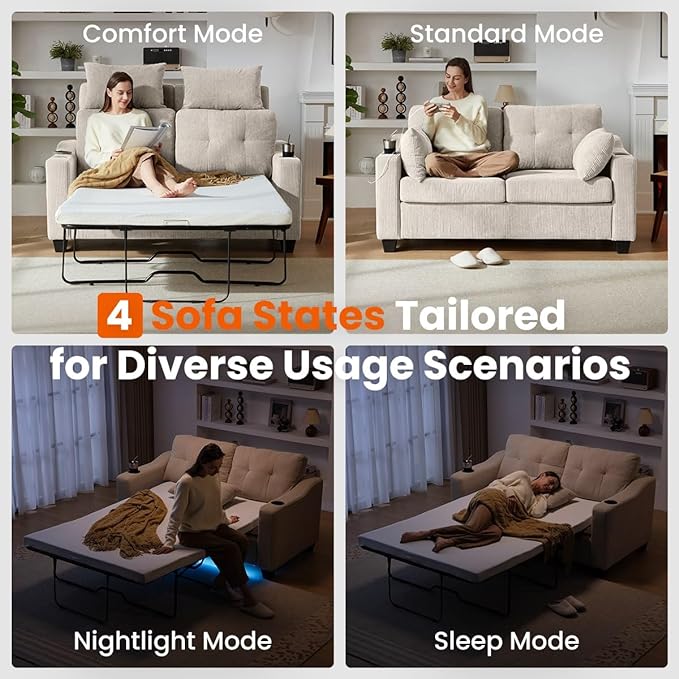 CHIC HOUSE Pull Out Sofa Bed, Full Size Sleeper Sofa, 2-in-1 Convertible Corduroy Couch with USB Charging, Memory Form Couch for Living Room, Apartment and Small Space (Beige, Corduroy - Full Size)-Ruum Studio Home