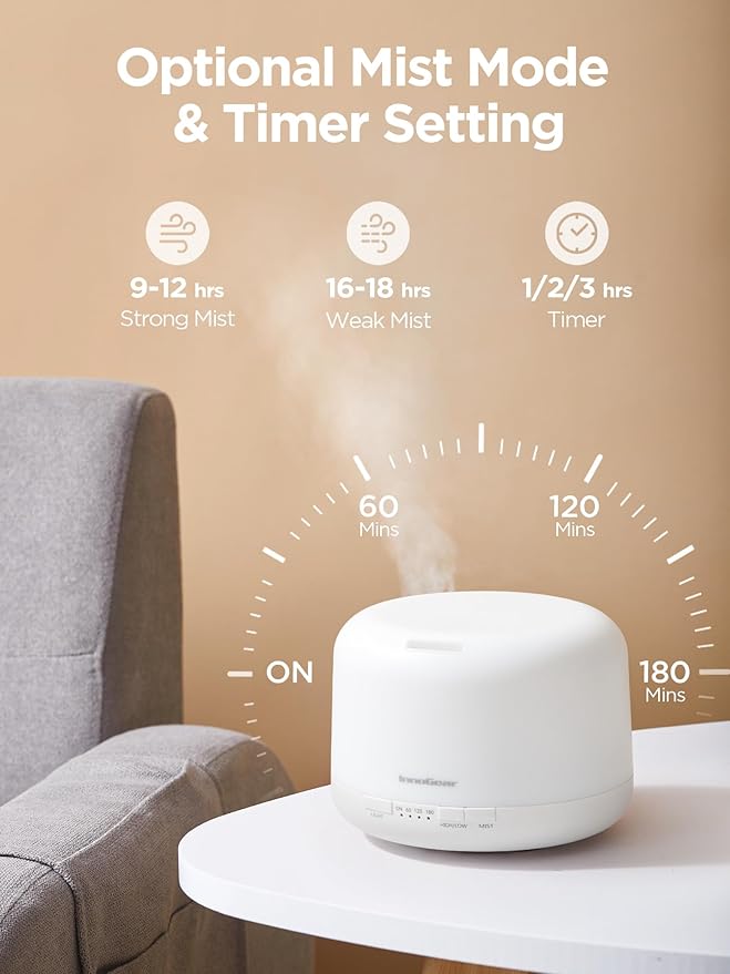 InnoGear 500ml Essential Oil Diffuser with Remote Control, Premium Ultrasonic Aromatherapy Diffusers Scent Humidifier Vaporizer Auto-Off Timer for Large Room Home, Basic White-Ruum Studio Home