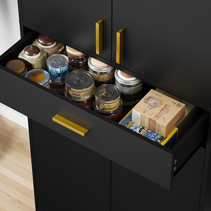 Cozy Castle Pantry Cabinet, 71" Tall Kitchen Storage Cabinet with Doors and Shelves, Freestanding Wood Cupboard Utility Hutch with Drawer for Dining Room Living Room Bathroom Furniture, Black-Ruum Studio Home