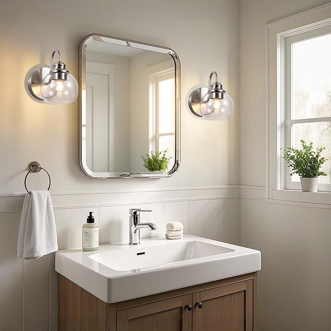 Farmhouse Gooseneck Wall Sconces Set of Two, Bathroom Brushed Nickel Vanity Light, Modern Indoor Wall Light Fixtures with Clear Glass for Bathroom Beside Mirror Living Room Hallway(Brushed Nickel)-Ruum Studio Home