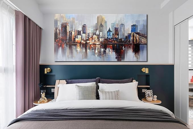 Arjun Brooklyn Bridge Wall Art Modern New York City Abstract Canvas Cityscape Painting, NYC Skyline Textured Picture for Living Room Bedroom Home Office Wall Decor Extra Large Size Framed 58"x29"-Ruum Studio Home