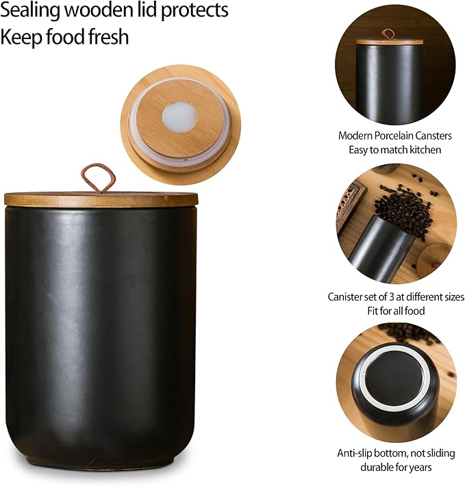 Black Canister Sets for Kitchen, 3pcs Ceramic Canisters with Airtight Wooden Lid, Food Storage Jar, Large Kitchen Storage Containers for Serving Coffee Beans, Tea, Sugar, Salt, Spices-Ruum Studio Home