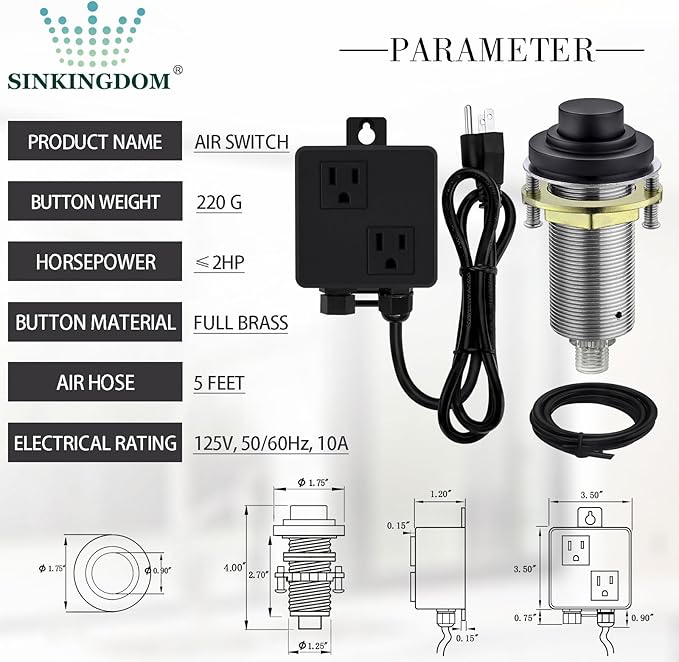SinkTop Air Switch Kit (Long Full Brass Button) for Disposal, Dual Outlet, (Matte Black)-Ruum Studio Home
