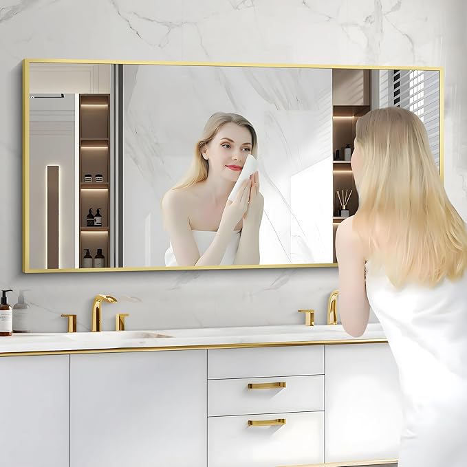Gold Bathroom Mirror for Wall, 60x30 Inch Rectangle Mirrors with Metal Frame, Modern Vanity Wall Mirror Decor for Bathroom Living Room, Entryway Hangs Horizontal or Vertical-Ruum Studio Home
