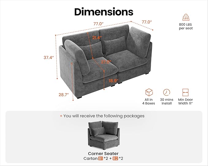 Oversized Modular Sofa, Extra Deep Cloud Chenille Sectional Couch with Ottoman Chaise, Fluffy Chenille 2 Seater Sofa Bed for Living Room, Villa (Loveseat Sofa, Chenille Grey)-Ruum Studio Home