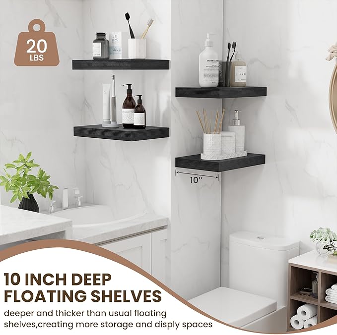 Fun Memories Black Floating Shelves for Wall - 10 x 16 Floating Shelf - Rustic Wood Storage Shelf - Wall Shelves with Invisible Bracket - 16" Bookshelves for Living Room & Bedroom - Black - Set of 2-Ruum Studio Home