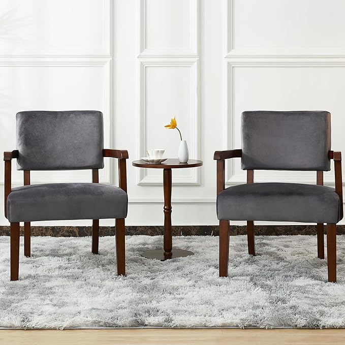 Accent Chair Set of 2 with Table, Living Room Chairs with VelvetSoft Seat and Armrests for Living Room Bedroom Reading Room Waiting Room (Greyvelvet)-Ruum Studio Home