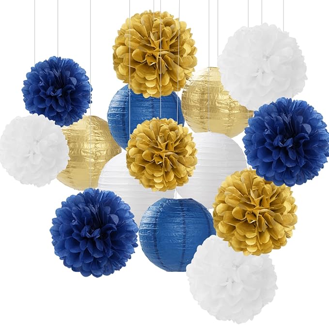 Navy-Blue Gold Party-Decorations Paper-Flowers Lanterns - 15PCS Royal White Baby Bridal Shower Tissue Pom Poms Streamers, Bachelorette Birthday Wedding Graduation Hanging Supplies Decor Hugfond-Ruum Studio Home