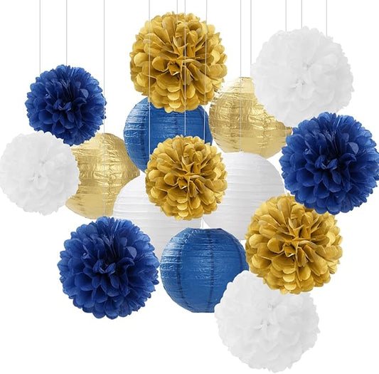 Navy-Blue Gold Party-Decorations Paper-Flowers Lanterns - 15PCS Royal White Baby Bridal Shower Tissue Pom Poms Streamers, Bachelorette Birthday Wedding Graduation Hanging Supplies Decor Hugfond-Ruum Studio Home
