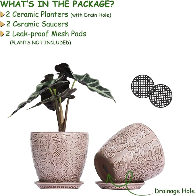 6 Inch Retro Ceramic Planter Set of 2 with Drainage Hole and Saucer for Plants, Indoor-Outdoor Garden Pots for Succulent, Orchid, and Flower (Fits Inner Pots Up to 5 Inches, Retro Peach)-Ruum Studio Home