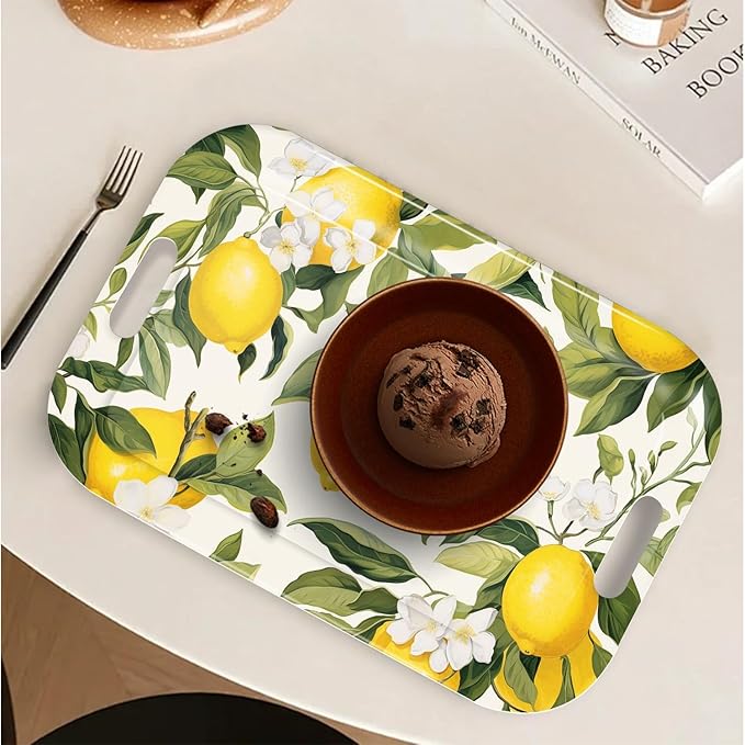 Serving Trays with Handles, 14.5 x 9.8 inch Rectangular Plastic Tray for Restaurant, Kitchen, Lemon and Lemon-Ruum Studio Home