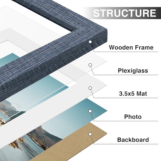 Vittanly 4x6 Picture Frames Set of 9, Shatter Resistant Plexiglass, Display 3.5x5 Pictures with Mat or 4x6 without Mat, Photo Frames for Wall or Tabletop, Engineered Wood, Navy-Ruum Studio Home