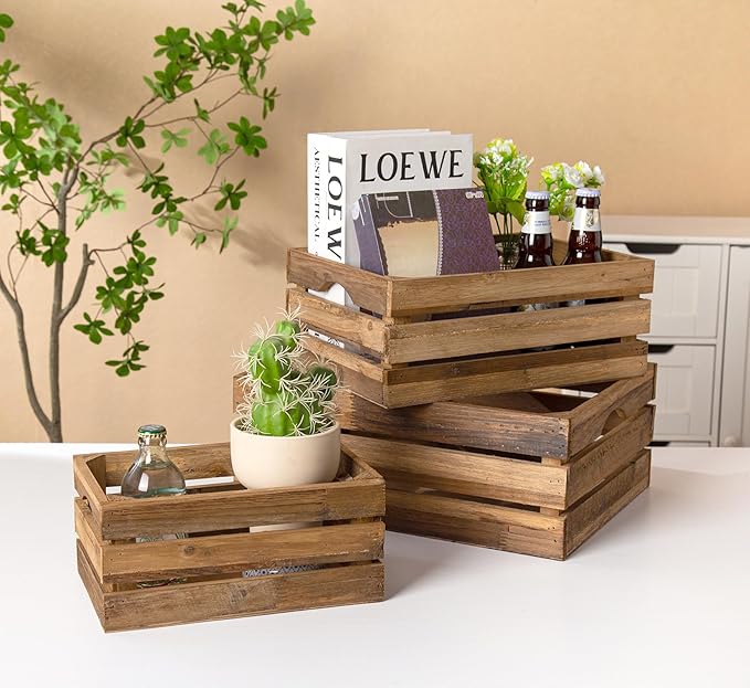 Set of 3 Nesting Wooden Crates, Rustic Wooden Storage Container Boxes with Cutout Handles, Decorative Farmhouse Wood Baskets for Display (Natural)-Ruum Studio Home